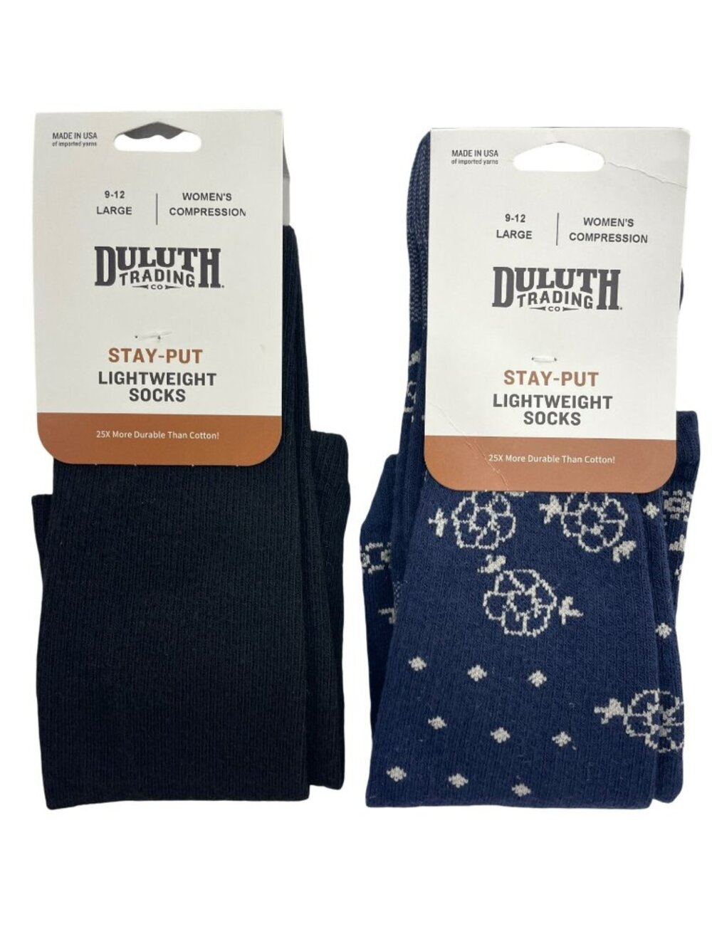 Duluth Trading Stay-Put Compression Socks Black Navy Bandana Women's Sz L (9-12)